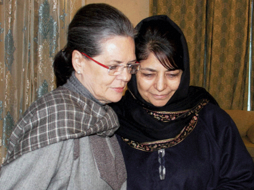 Sonia Gandhi and Mehbooba Mufti. PTI file photo