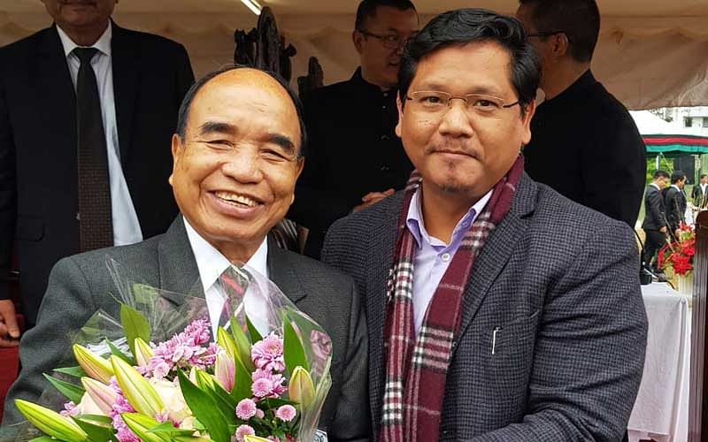 Zoramthanga being greeted by Meghalaya CM Conrad Sangma, after the swearing in ceremony in Aizawl on Saturday. (Credit: Meghalaya Government)