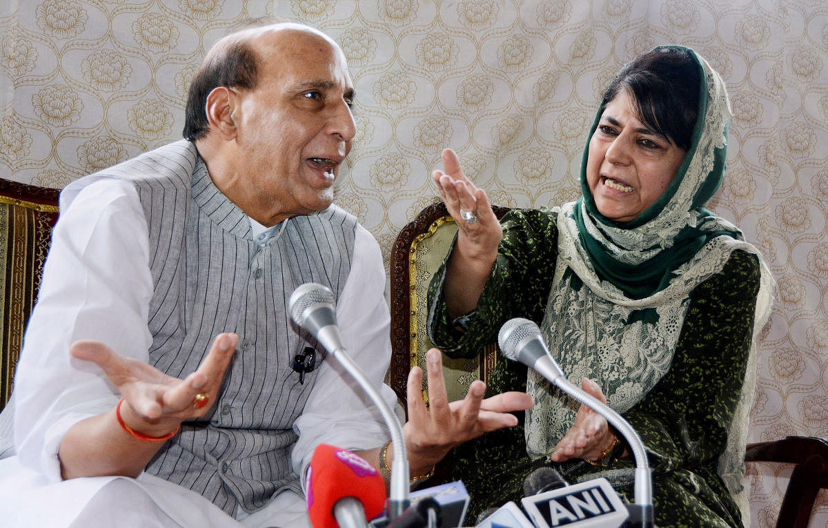 Union Home Minister Rajnath Singh and former Jammu and Kashmir Chief Minister Mehbooba Mufti. (PTI file photo)
