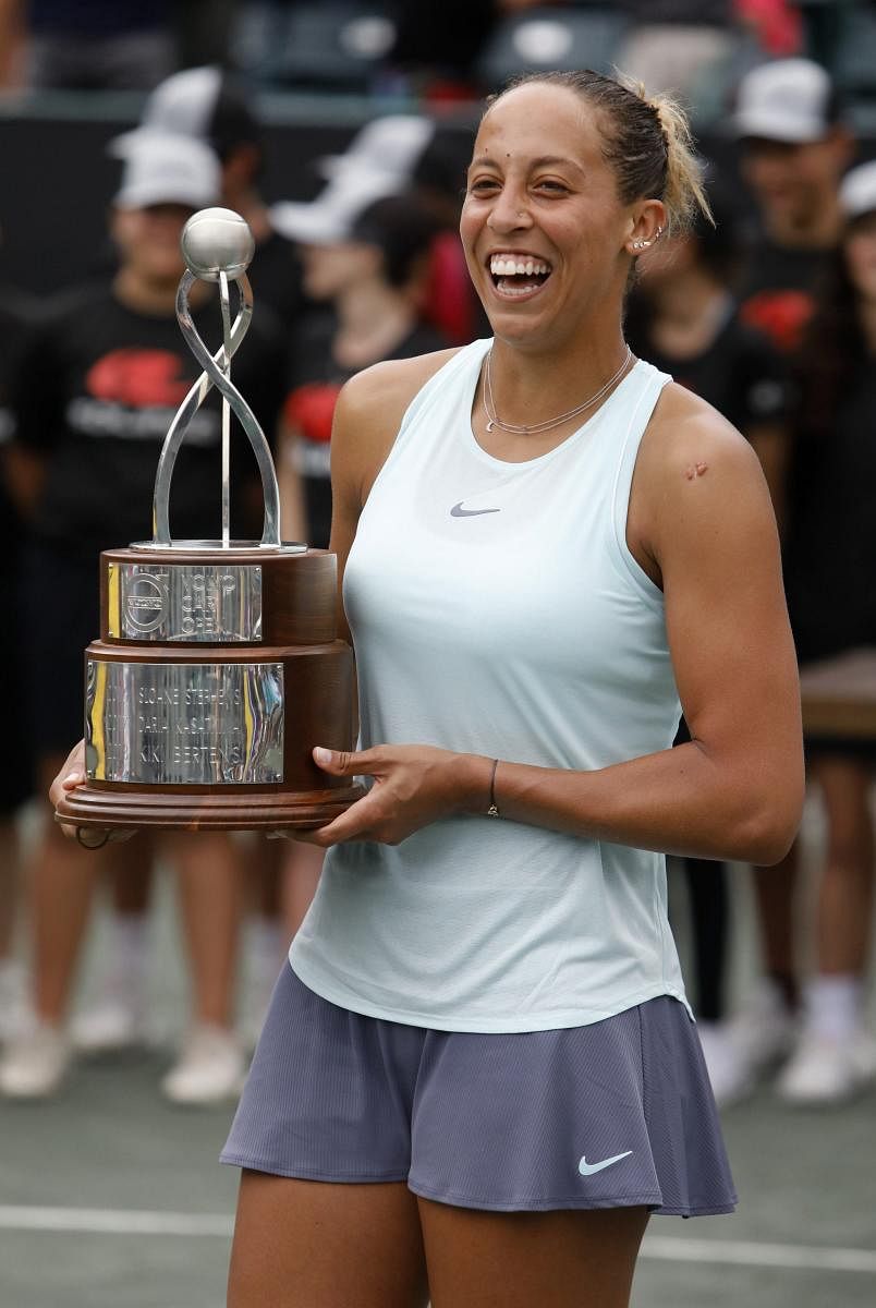 ALL SMILES: Madison Keys with the Charleston Open trophy after defeating Caroline Wozniacki in the final. AP/PTI