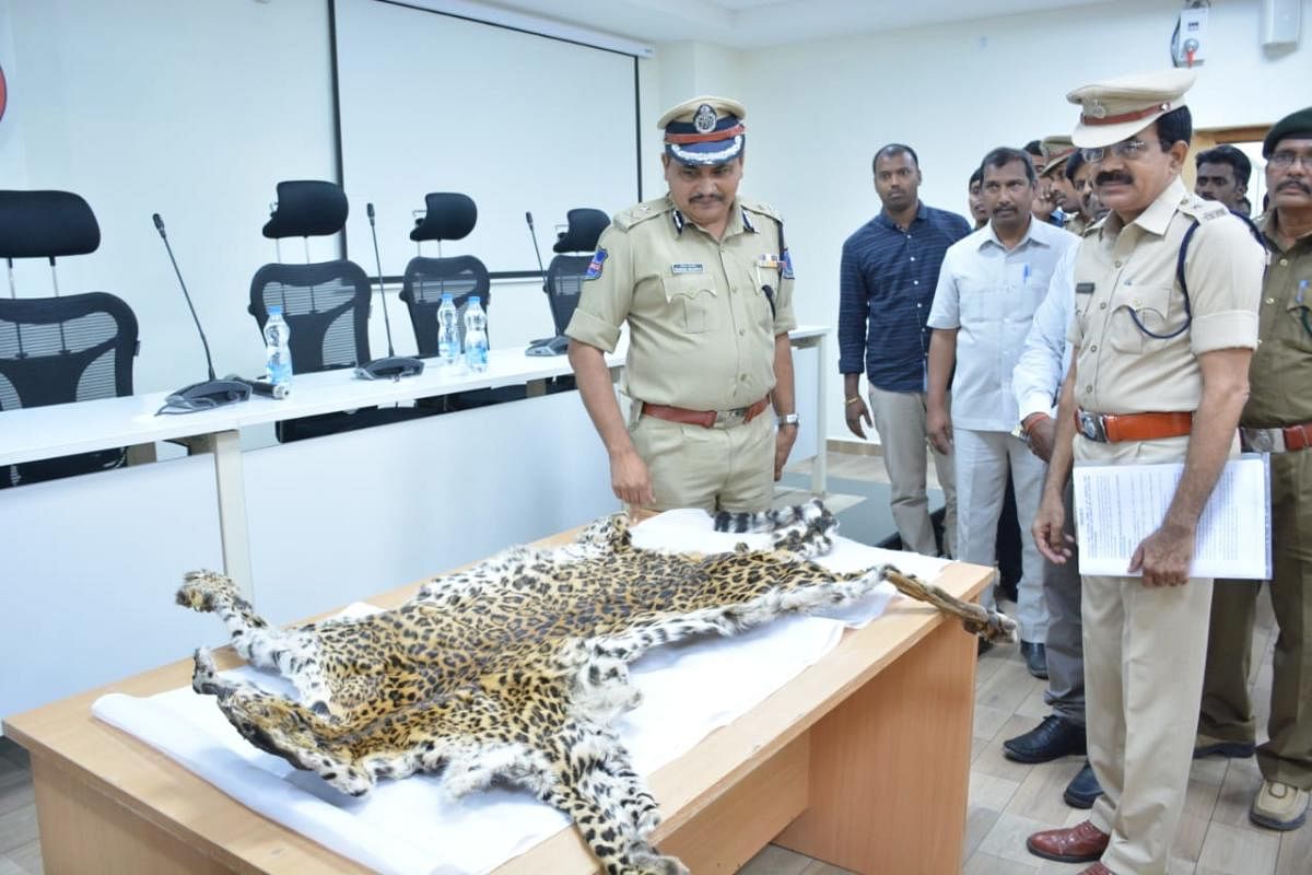 Rachakonda Commissioner of Police Mahesh Bhagavat with the leopard skin.