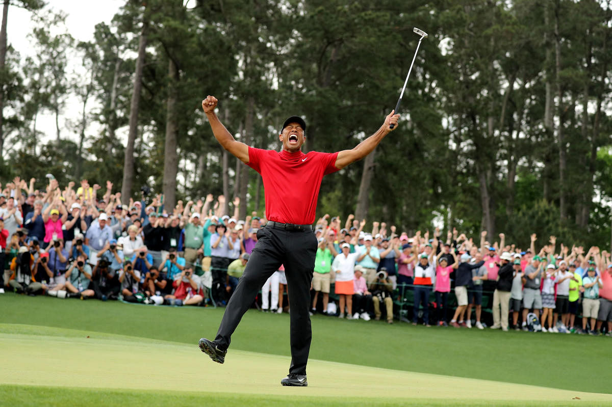 Tiger woods celebrates after winning the 2019 Masters. (Reuters)