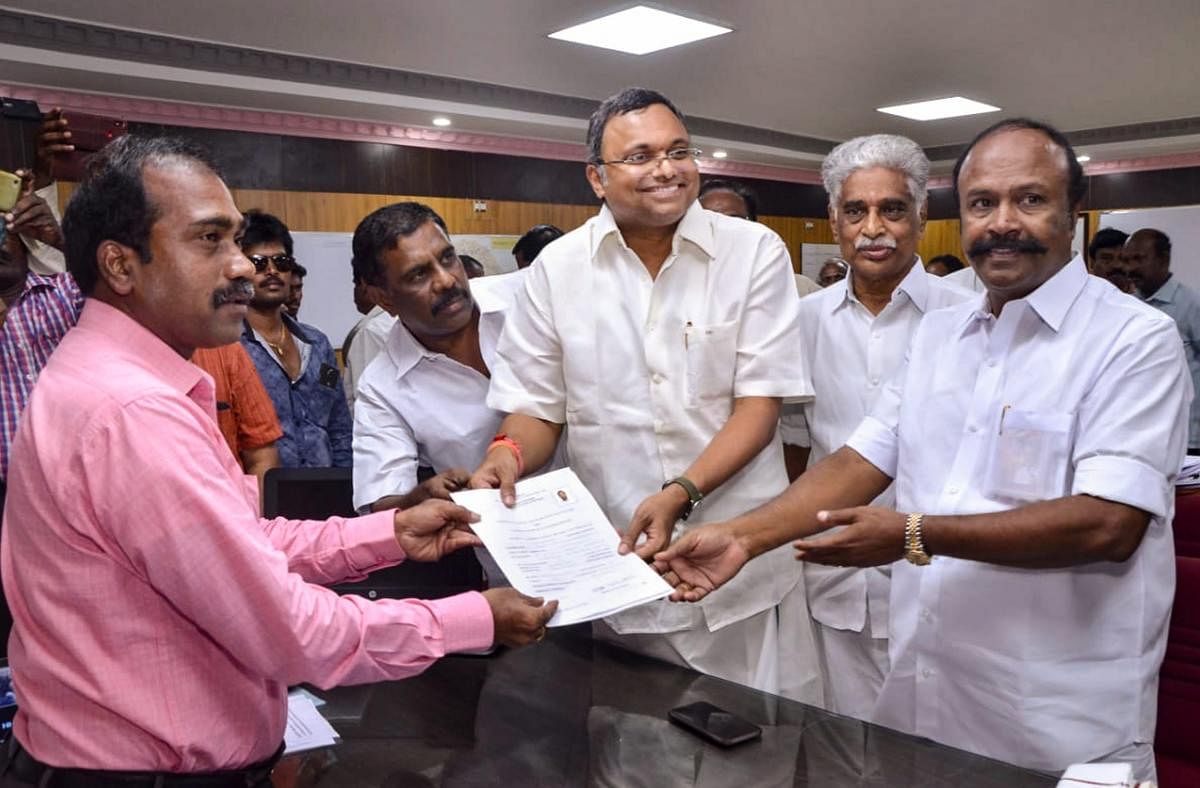 Congress candidate Karti Chidambaram files his nomination from Sivaganga constituency for the upcoming Lok Sabha elections, in Sivaganga, Monday, March 25, 2019. (PTI Photo)