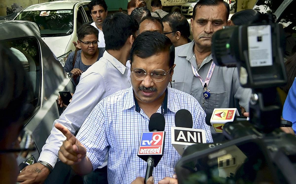 Delhi Chief Minister Arvind Kejriwal talks to the media after a meeting with opposition leaders, in New Delhi, Sunday, April 14, 2019. (PTI Photo)