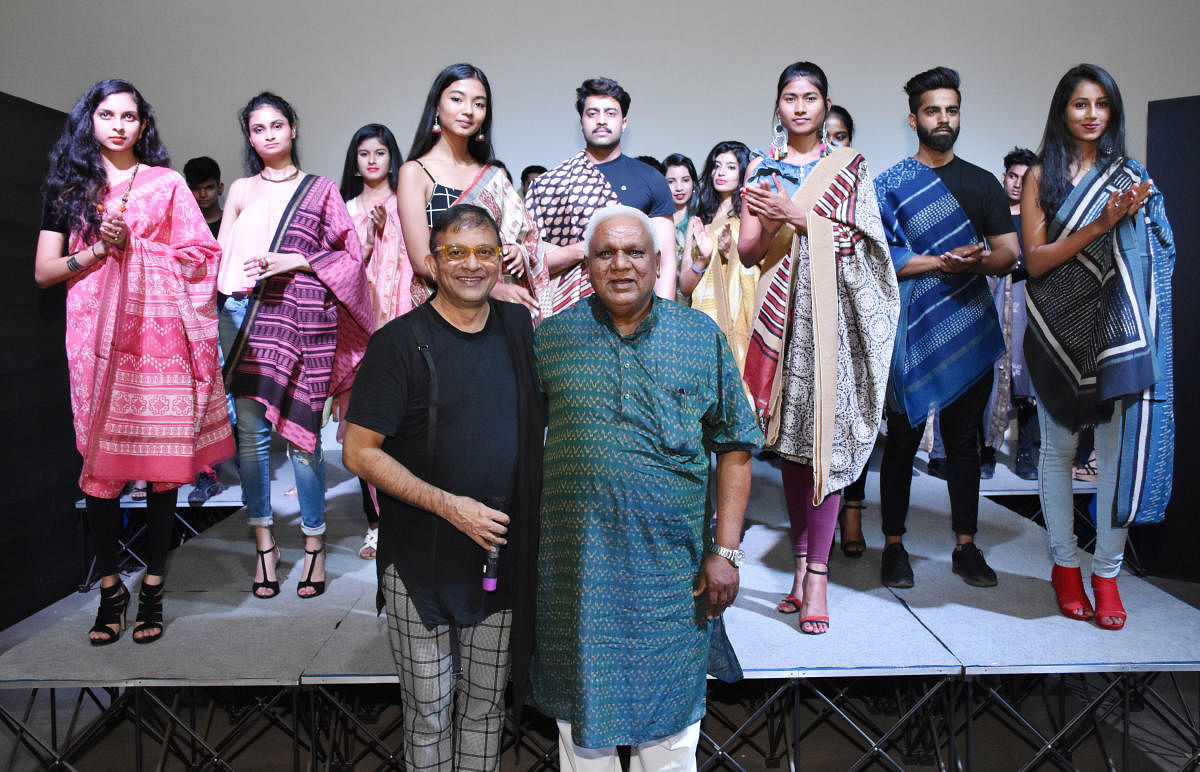 Ram Kishore Derewala (right) at the fashion show, organised by Prasad Bidapa (left), showcasing his new collection of hand-block print saris.