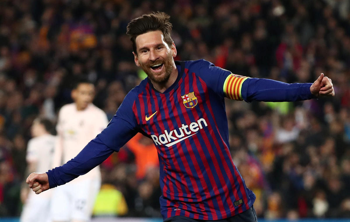 Champions League Quarter Final Second Leg - FC Barcelona v Manchester United - Camp Nou, Barcelona, Spain - April 16, 2019 Barcelona's Lionel Messi celebrates scoring their second goal REUTER