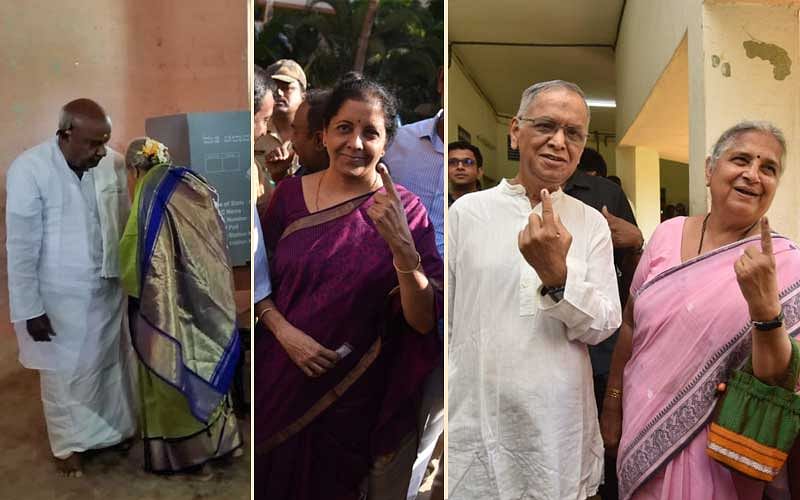 H D Deve Gowda with his wife at the polling booth, Nirmala Sitharaman and Infosys founder Narayana Murthy and wife Sudha Murthy. (DH Photos)