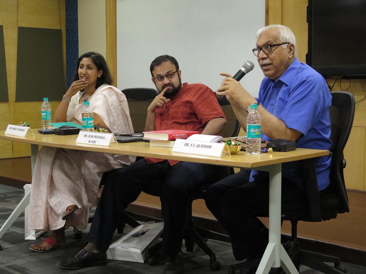 Political scientists Sarayu Natarajan, Alok Prasanna Kumar, and S Y Quraishi, former Chief Election Commissioner, discuss electoral reform at a conference in Bengaluru on Sunday.