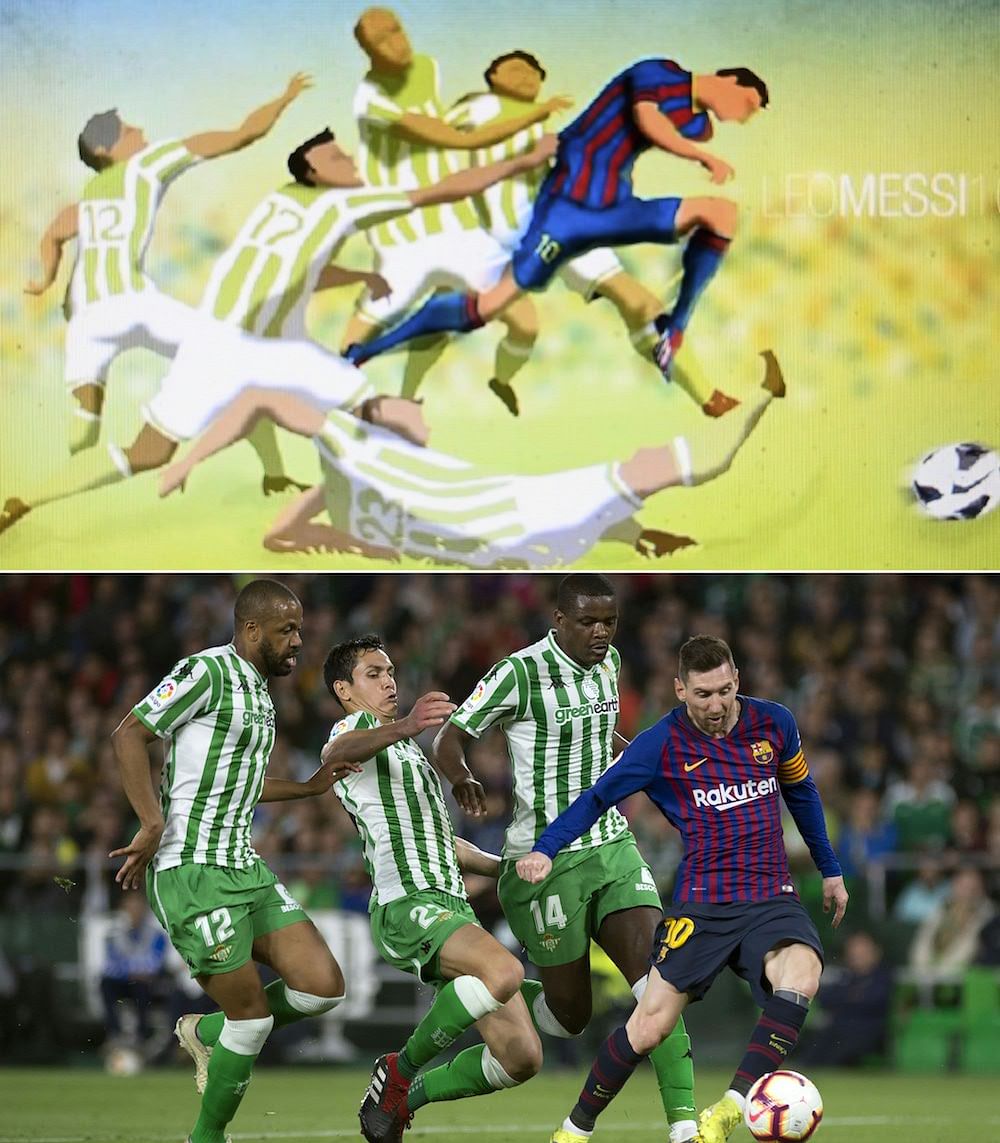This combination of pictures shows (top) a painting by Bangladeshi architect Suhas Nahian and Barcelona’s Lionel Messi scoring a goal during their match with Real Betis in Seville March 17, 2019. — AFP pic