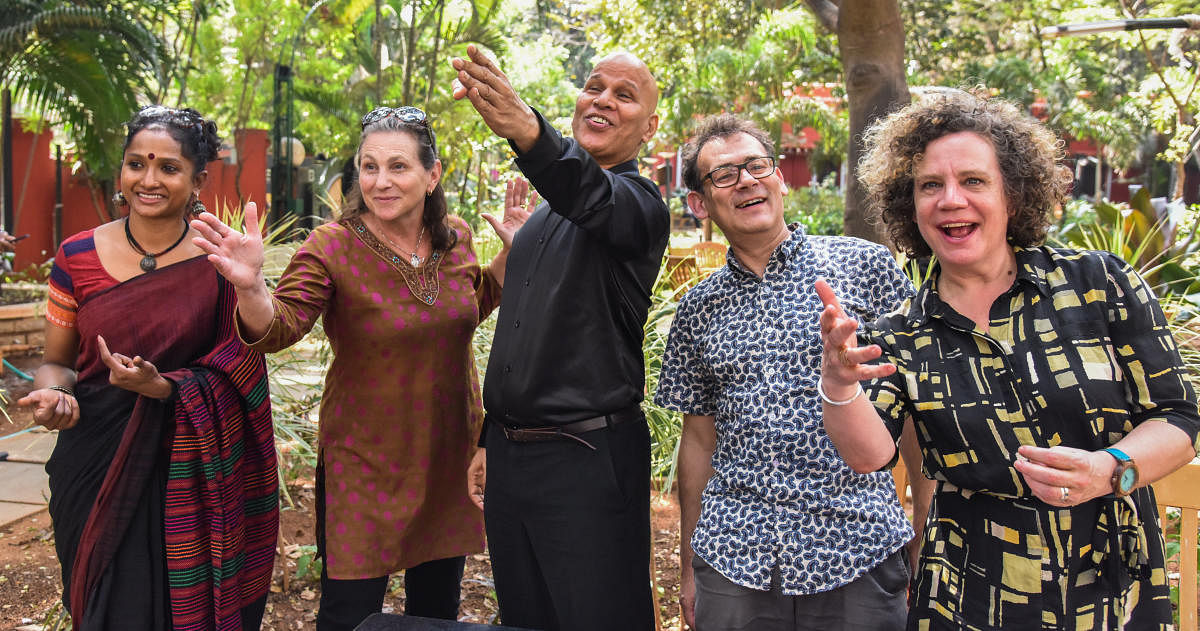 (From left) Artists Hema Bharathy Palani, Janet Lilly, Jayachandran Palazhy, Daniel Saul, and Rachel Davies at a press meet to announce the dance festival.