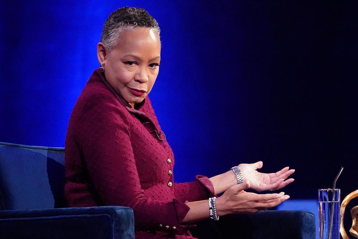 Lisa Borders speaks to Oprah Winfrey on stage during a taping of her TV show in the Manhattan borough of New York City, New York, U.S., February 5, 2019. REUTERS/Carlo Allegri