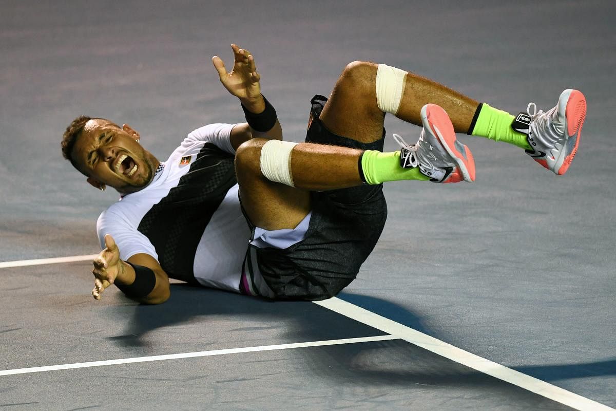 Nick Kyrgios celebrates his victory over Rafael Nadal in Acapulco, Mexico, on Wednesday. AFP