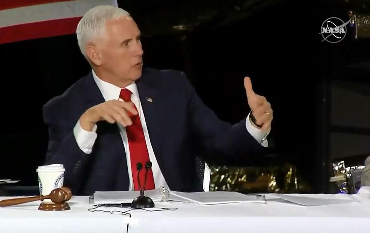 This still image taken from NASA TV, shows US Vice President Mike Pence, speaking during the fifth meeting of the National Space Council in Huntsville, Alabama, on March 26 2019. - Pence announced on March 26, 2019, that the US aims to send astronauts bac