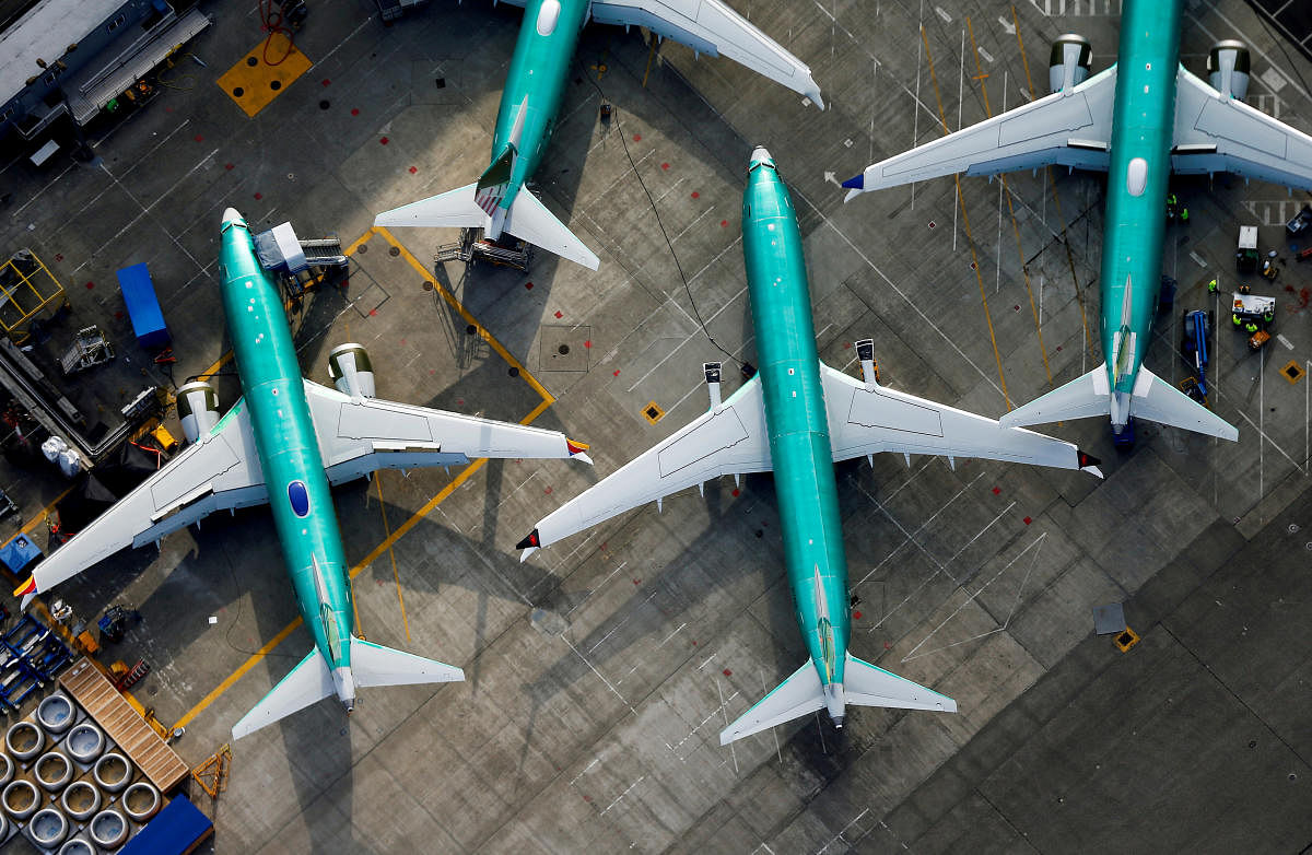 FILE PHOTO: An aerial photo shows Boeing 737 MAX airplanes parked on the tarmac at the Boeing Factory in Renton, Washington, U.S. March 21, 2019. REUTERS/Lindsey Wasson/File Photo
