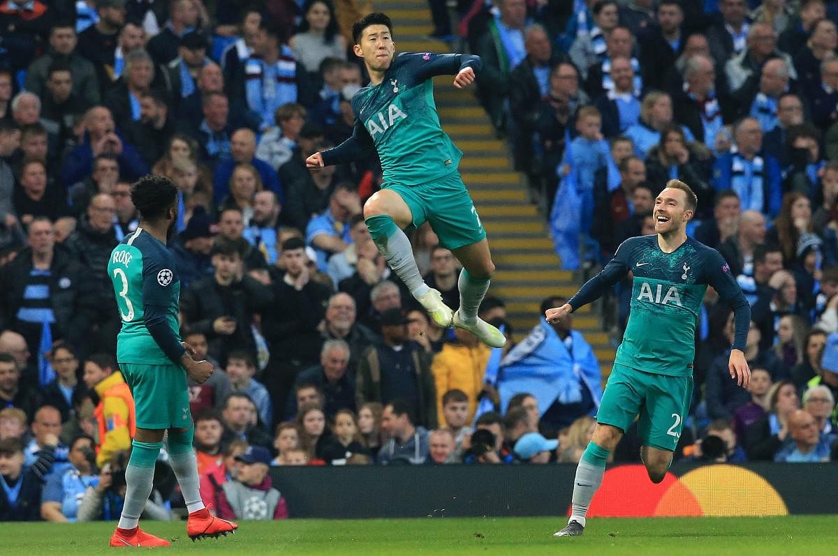 Tottenham Hotspur's Son Heung-Min celebrates scoring his team's second goal during the UEFA Champions League quarter-final second leg football match against Manchester City. (AFP Photo)
