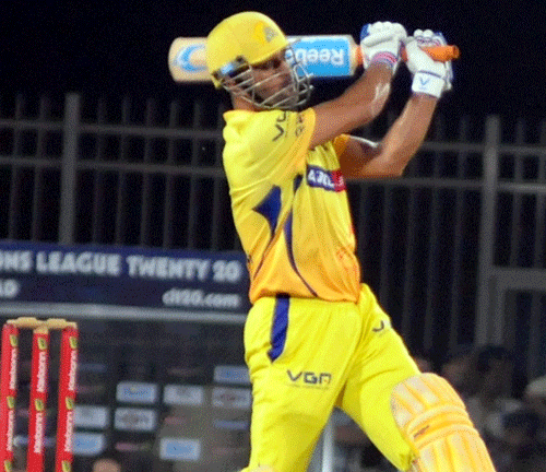 Chennai Super Kings captain M S Dhoni plays a shot during during the CL T20 match against Sunrisers Hyderabad in Ranchi on Thursday. PTI Photo