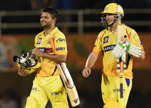 Suresh Raina and David Hussey celebrate the victory of Chennai Superkings during the play off match played against Mumbai Indians in Mumbai on Wednesday.PTI Photo