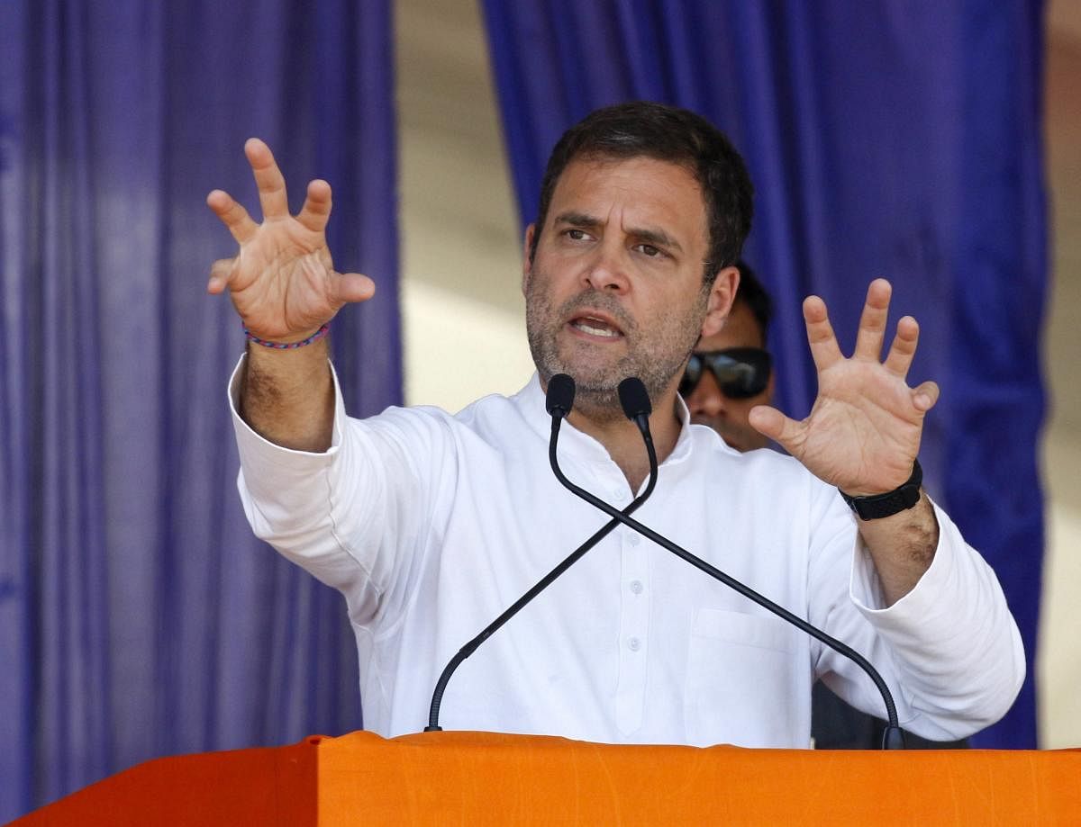 Congress President Rahul Gandhi addresses an election campaign rally for the General Elections 2019 in Bajipura village of Tapi district of Gujarat on April 19, 2019. PTI