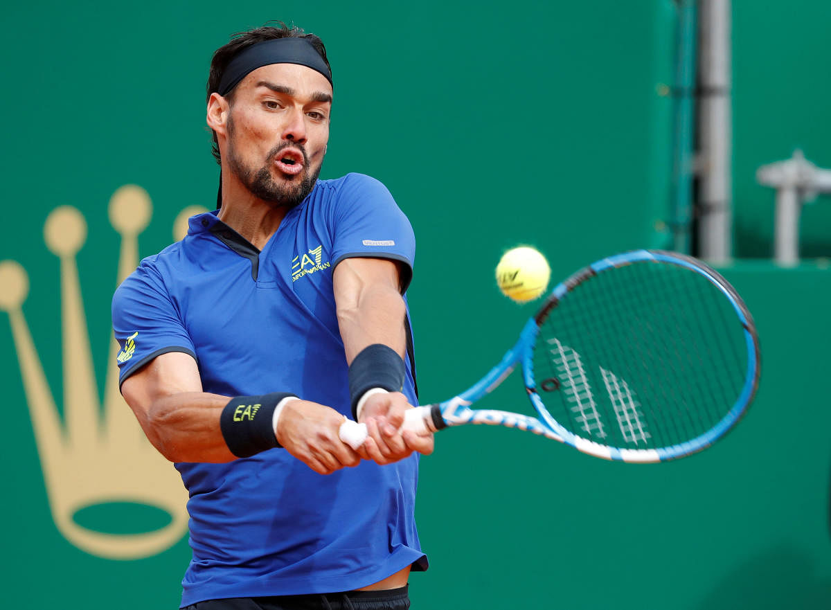 GIANT KILLER: Fabio Fognini returns during his upset win over Rafael Nadal in the Monte Carlo Masters semifinals. REUTERS.