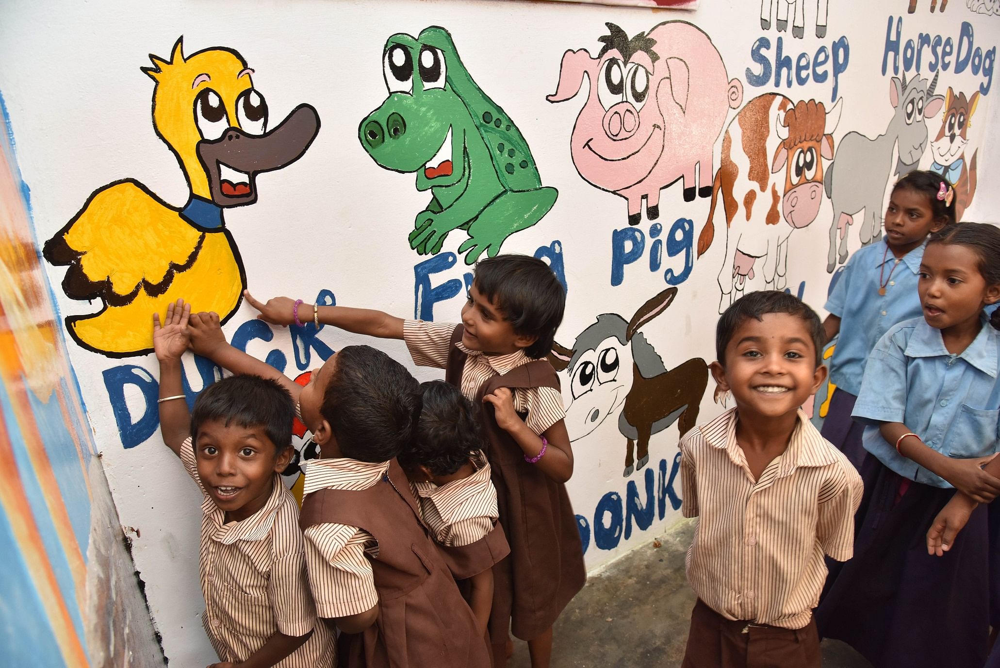 Teachers in government schools have been instructed to promote English medium of instruction. (Above) Students from Government Higher Primary School, Venkatagiri Kotte, Devanahalli.