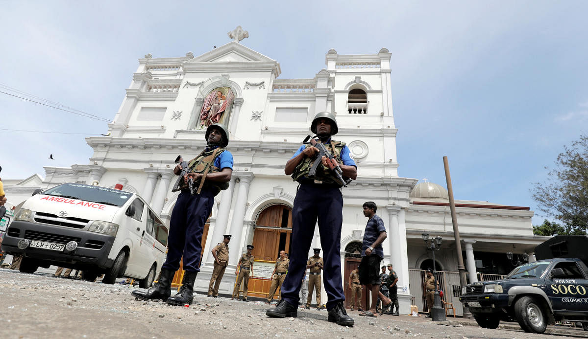 Sri Lankan military officials stand guard in front of the St. Anthony's Shrine, Kochchikade church after an explosion in Colombo, Sri Lanka April 21, 2019. REUTERS