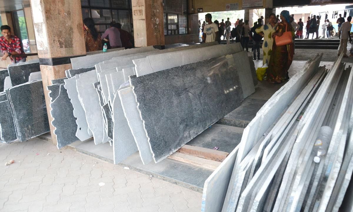 Granites slabs are placed at the KSRTC bus stand in Madikeri.