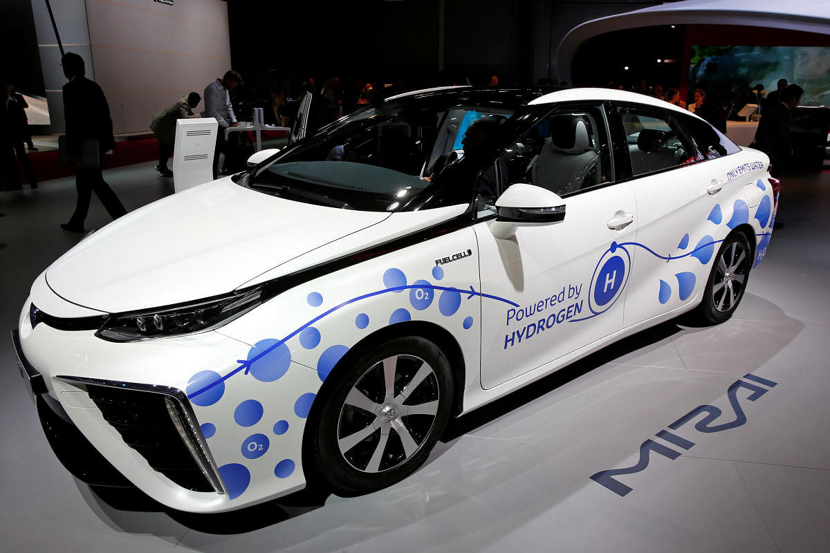 The Toyota Mirai, an hydrogen fuel cell vehicle, is displayed on media day at the Paris auto show. REUTERS