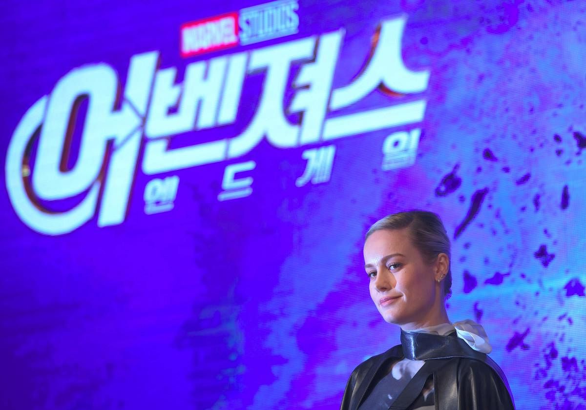 Brie Larson poses during Marvel Studios' "Avengers: Endgame" Asia press conference in Seoul. (AFP Photo)