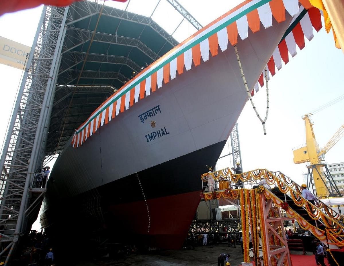 INS Imphal launched in Mazagon dockyard in Mumbai on Saturday. Photo by Indian Navy