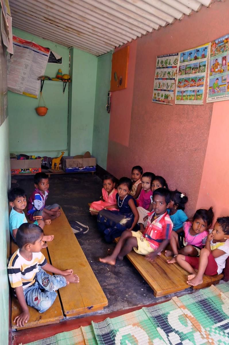 Children at an anganwadi centre functioning from a rented building at Dideernagara in Chikkamagaluru.