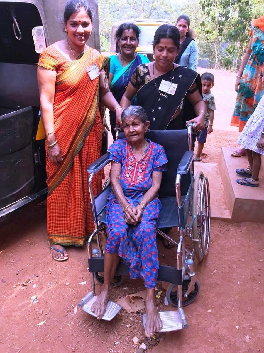 Girija Naik, aged 106 years, arrives at Kondalli polling booth in Kundapur to exercise her franchise on Tuesday.