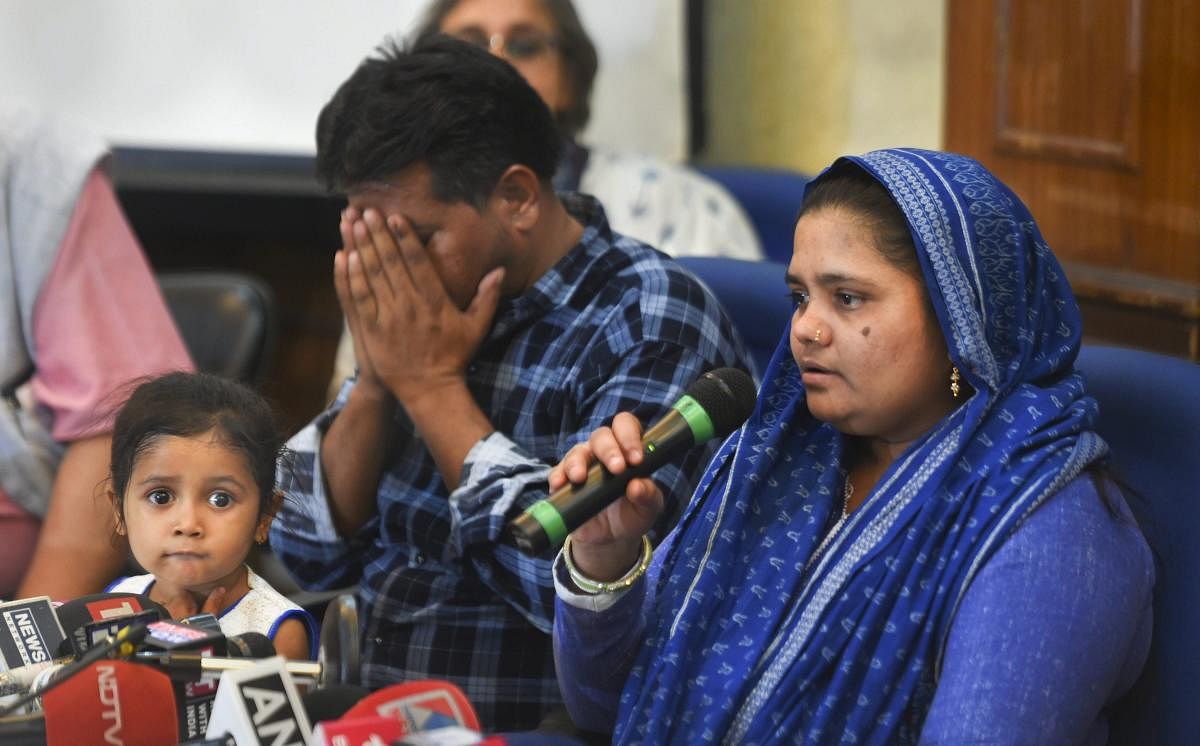 Bilkis Bano, who was gang-raped during the 2002 riots in the state, addresses a press conference, in New Delhi, Wednesday, April 24, 2019. The Supreme Court on Tuesday directed the Gujarat government to give Rs 50 lakh compensation, a job and accommodation to Bano. (PTI Photo)