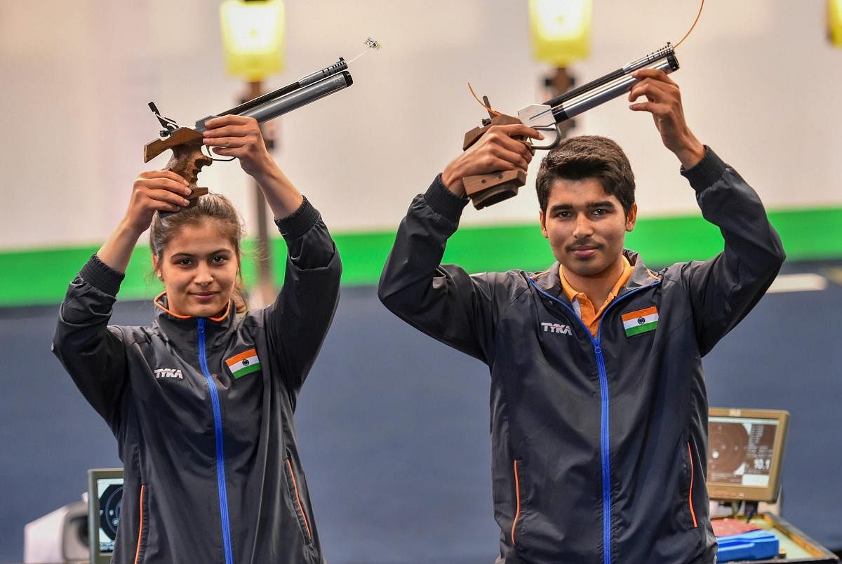 India's Manu Bhaker (left) and Saurabh Chaudhary claimed the 10m Air Pistol Mixed Team gold at ISSF World Cup in Beijing on Thursday. PTI FILE PHOTO