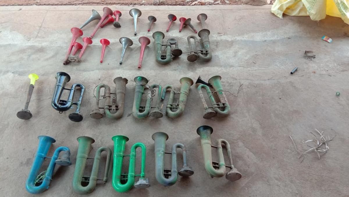 Some of the shrill horns confiscated by the police personnel during a week-long drive.