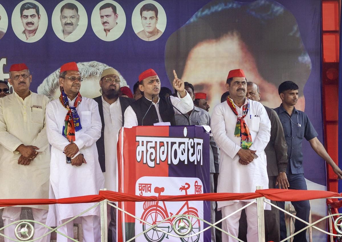 Samajwadi Party chief Akhilesh Yadav addresses an election rally. (PTI Photo)