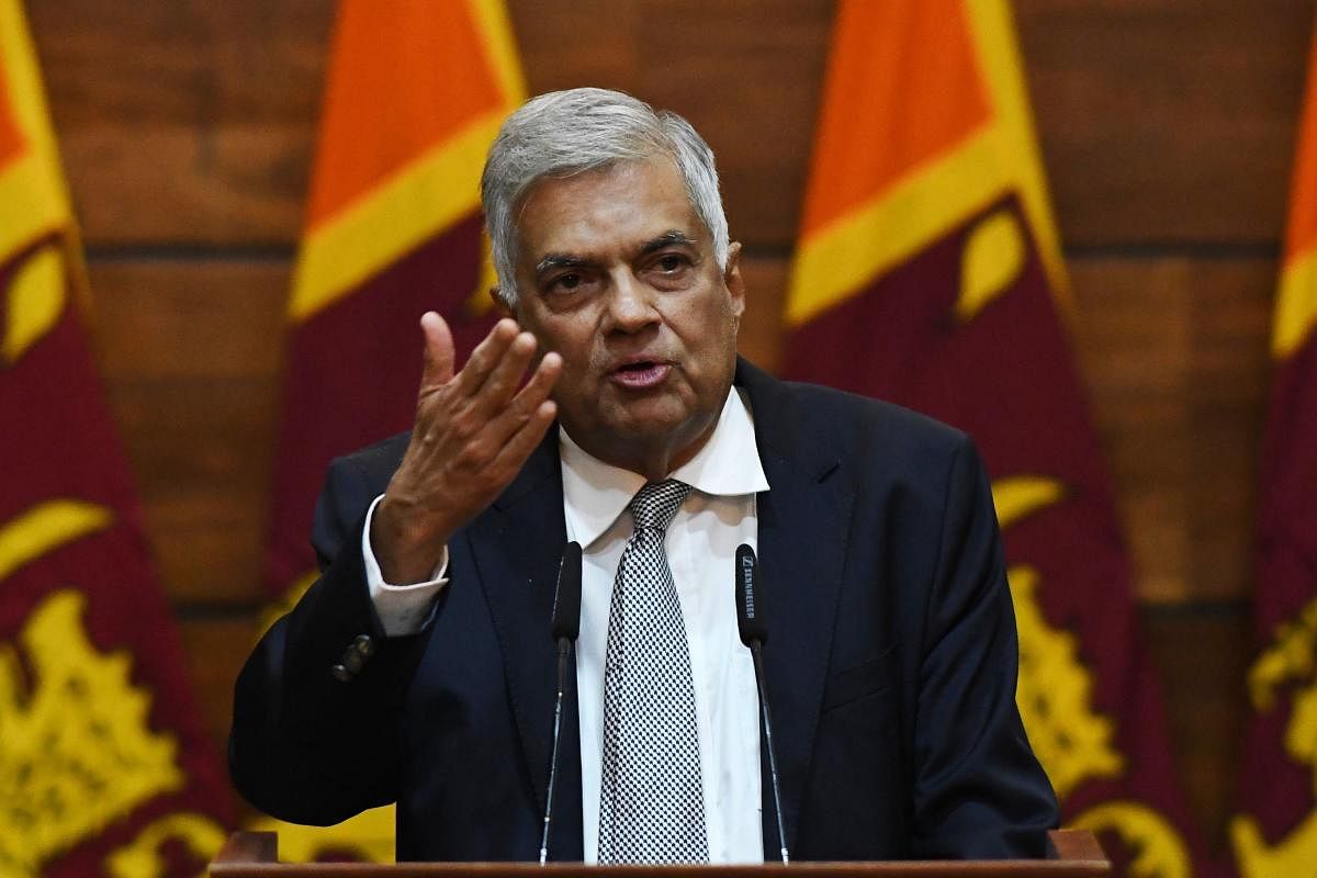 Prime Minister of Sri Lanka Ranil Wickremesinghe gestures as he answers questions from a journalist during a press conference in Colombo on April 23, 2019. (AFP File Photo)