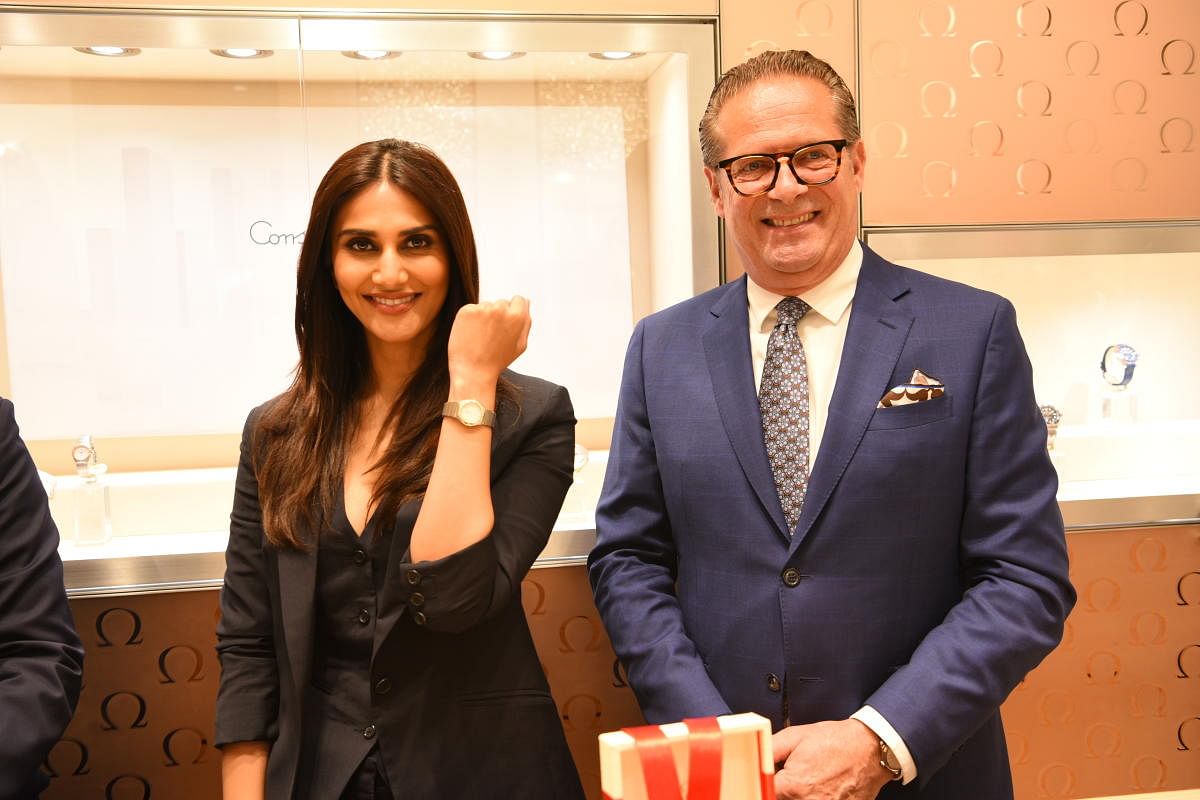 Actress Vaani Kapoor with Jean Claude Monachon, vice president, product and customer service, Omega, in Bengaluru