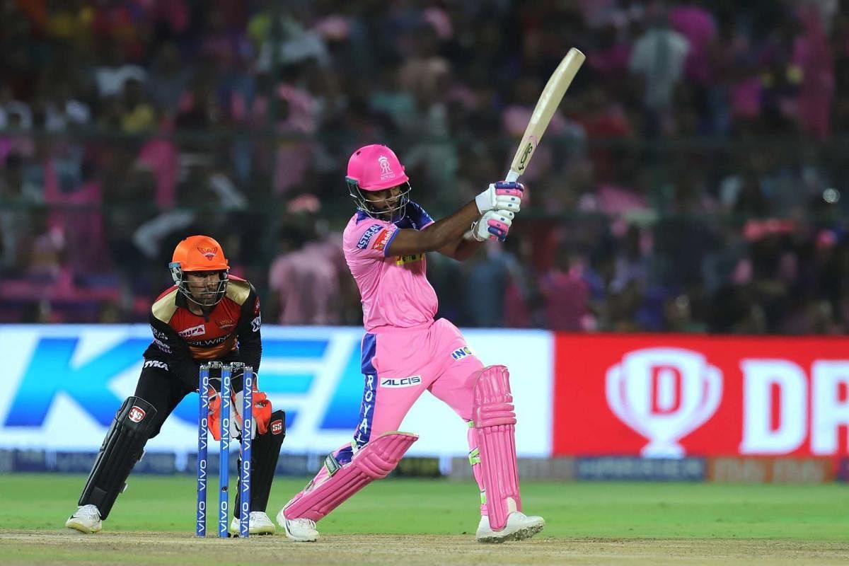 Rajasthan Royals’ Sanju Samson pulls one to the boundary during his unbeaten 48 on Saturday. BCCI