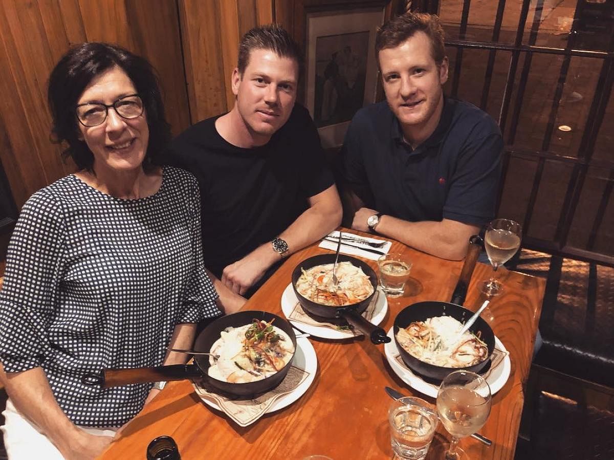 The photo posted by James Faulkner (centre) on Instagram with his mother Roslyn and friend Robert Jubb that led to speculation that the Australian cricketer was gay. 