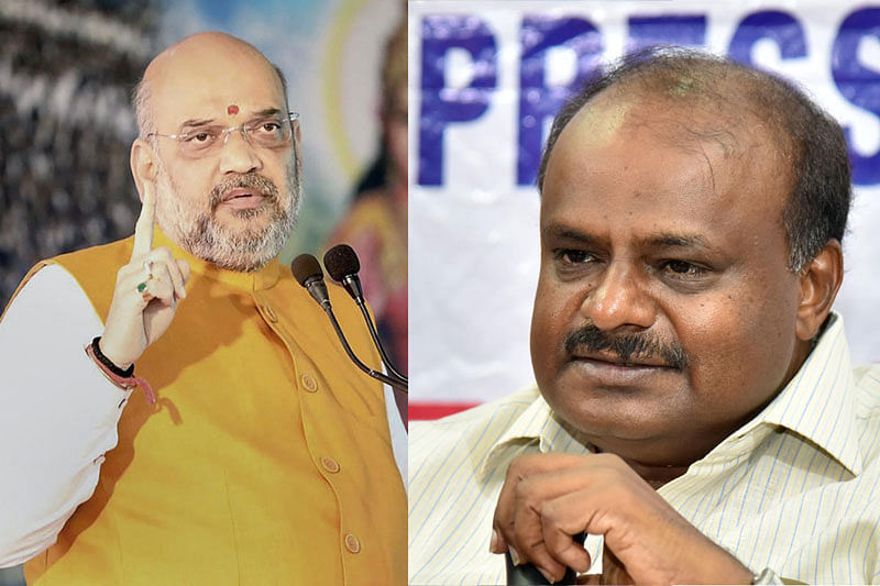 BJP national president Amit Shah and Karnataka Chief Minister H D Kumaraswamy locked horns on Tuesday over Congress president Rahul Gandhi’s event in Bengaluru where some pro-Modi techies were allegedly held by the police. (DH Photos)