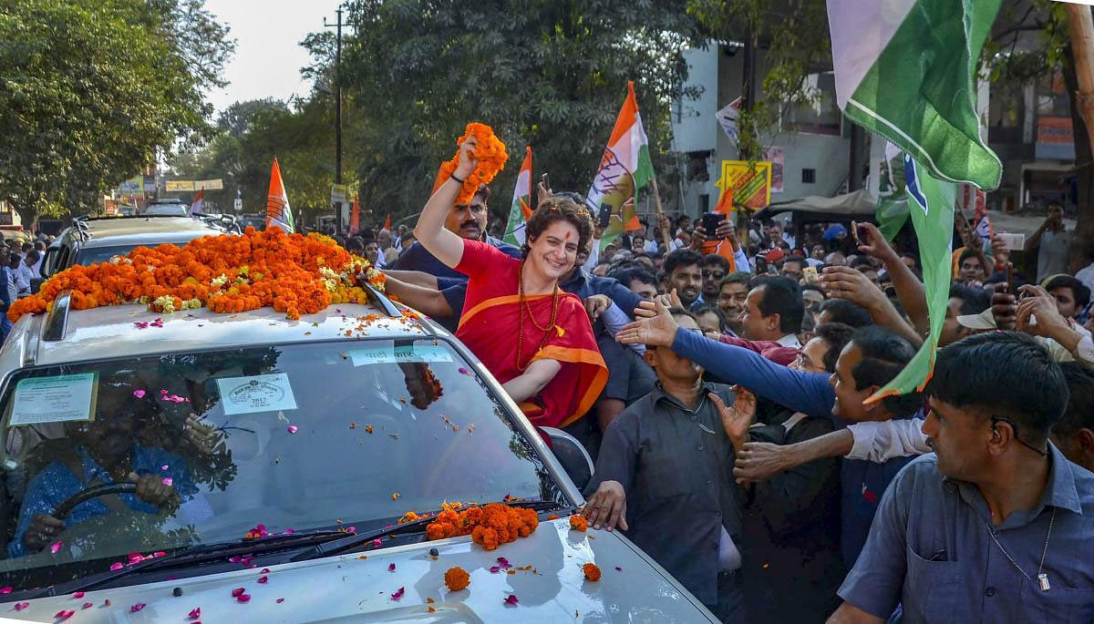 Congress General Secretary UP-East Priyanka Gandhi Vadra during a road show ahead of the upcoming Lok Sabha elections, in Mirzapur district, Tuesday, March 19, 2019. (PTI Photo)(PTI3_19_2019_000108B)