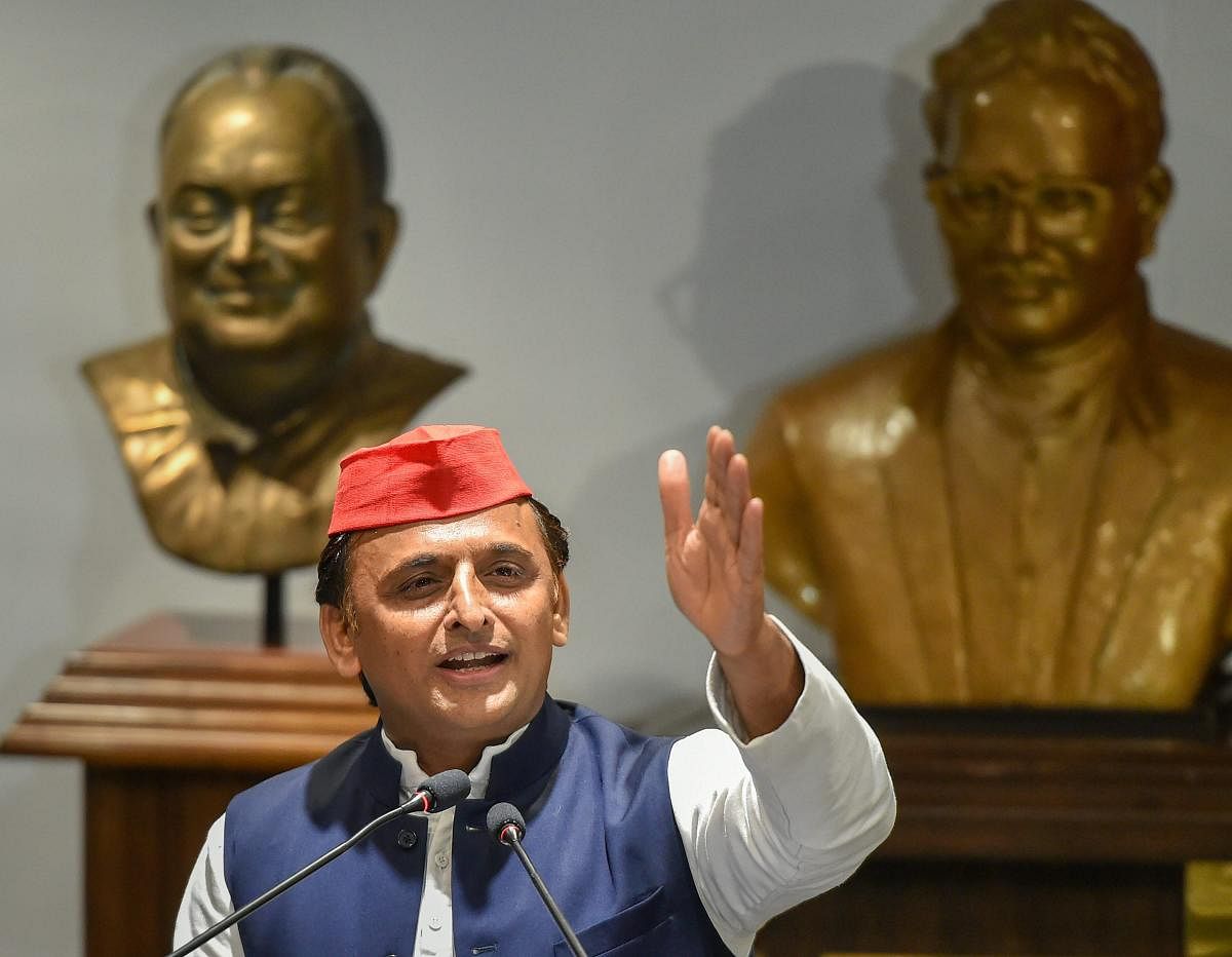 Samajwadi Party President Akhilesh Yadav addresses a press conference at the party office, in Lucknow on Saturday. PTI photo