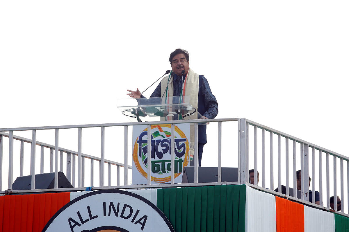 Shatrughan Sinha, Bollywood actor-turned-politician and leader of India's ruling Bharatiya Janata Party (BJP), addresses the gathering during "United India" rally attended by the leaders of India's main opposition parties ahead of the general election, in
