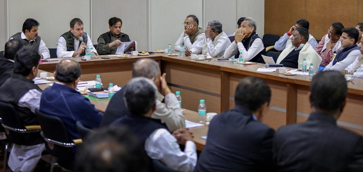 Congress president Rahul Gandhi addresses state unit chiefs and Congress Legislature Party leaders meeting, in New Delhi, on Saturday. PTI