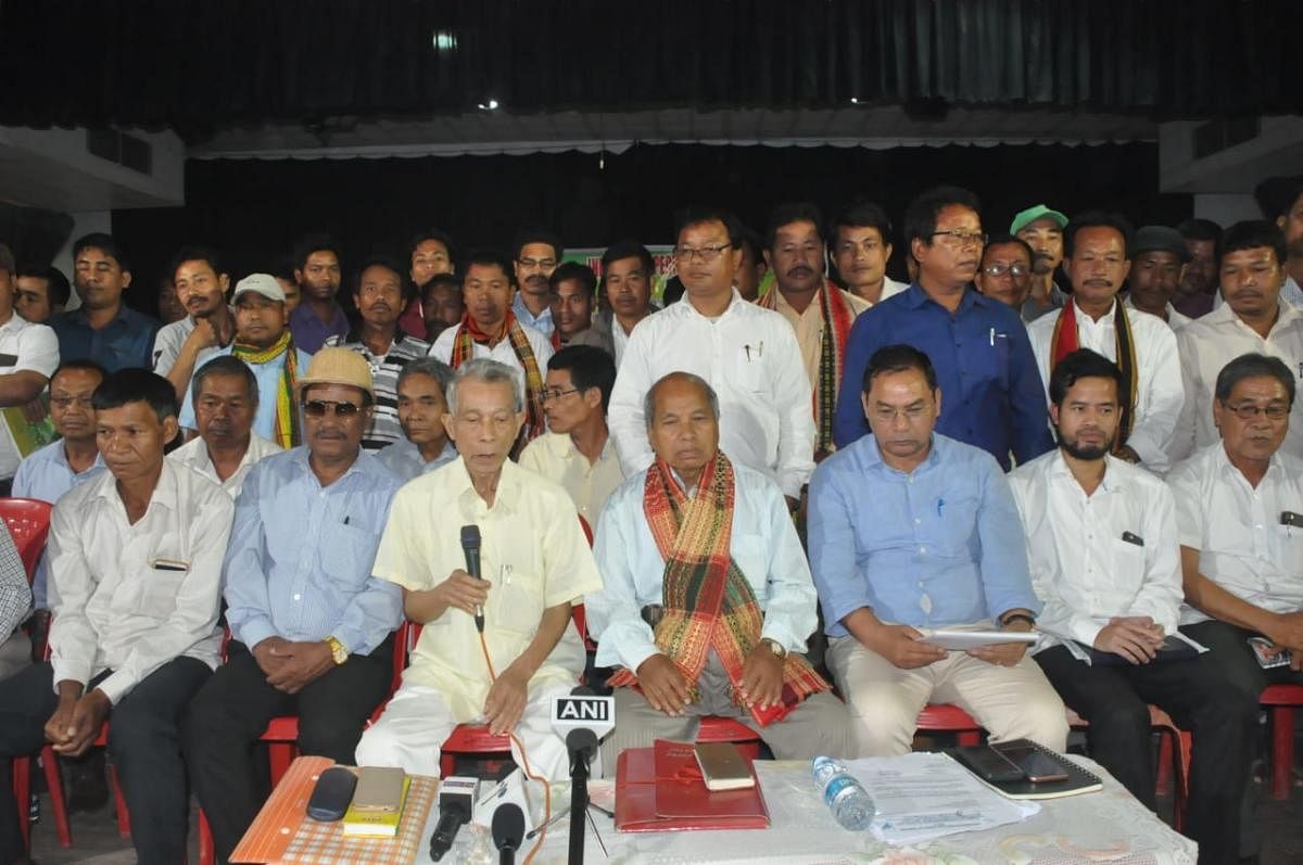 IPFT leaders announcing names of its candidates for Lok Sabha polls, in Agartala. Photo by Pranab Shill.