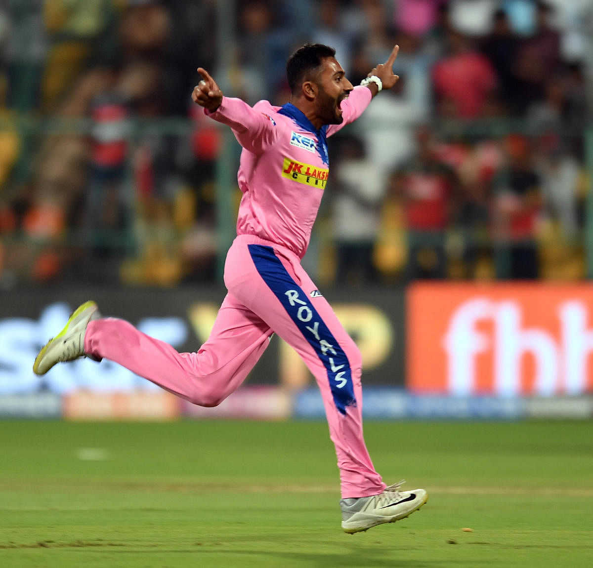 ON CLOUD NINE: Rajasthan Royals’ Shreyas Gopal celebrates after bagging a hatrick against Royal Challengers Bangalore in their IPL game at the Chinnaswamy stadium in Bengaluru on Tuesday. DH Photo/Srikanta Sharma R