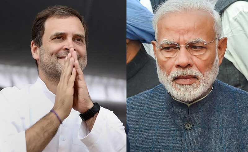 Separated by 40 km, Prime Minister Narendra Modi and Congress president Rahul Gandhi hit out at each other while addressing election rallies in the Hoshangabad parliamentary constituency on Wednesday evening. (PTI File Photo)