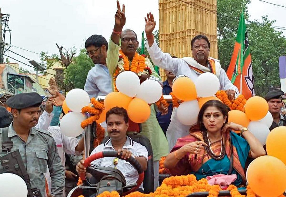 BJP leader Mukul Roy and party MP Rupa Ganguly during an election campaign rally in support of party candidate Dudh Kumar Mondal ahead of the fourth phase of Lok Sabha polls, at Rampurhat in Birbhum, on April 27, 2019. PTI