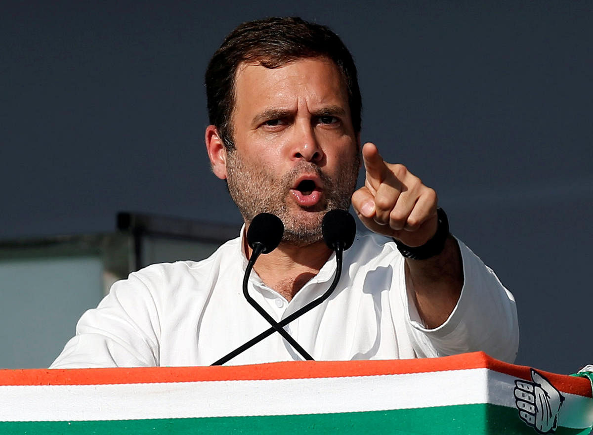 Rahul Gandhi addresses supporters during a public meeting in Gandhinagar, Gujarat, on March 12, 2019. REUTERS FILE