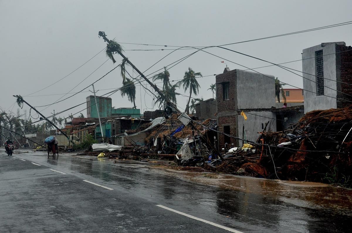 A view of the destruction caused by Cyclone Fani after its landfall, in Puri on Friday. PTI photo